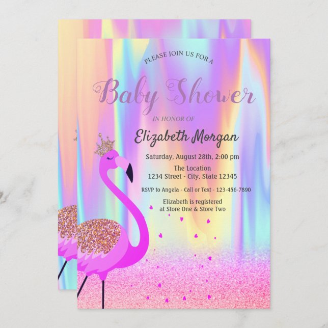 Convites Glitter Bokeh, Flamingo, Ombre Holographic (Frente/Verso)