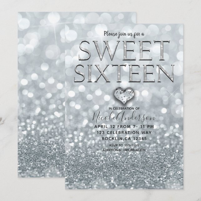 Convites Glitter Bokeh Glam Sweet 16 Party (Frente/Verso)