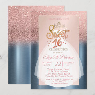 Convites Glitter Bokeh Ombre, Vestido Azul Doce Festa de 16