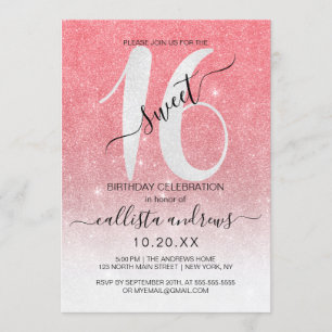 Convites Glitter Branco de Coral Girly Sparkly Sweet 16