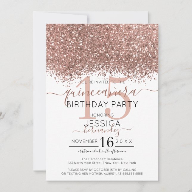 Convites Glitter Branco Dourado Rosa Chic Confetti Quinceañ (Frente)