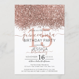 Convites Glitter Branco Dourado Rosa Chic Confetti Quinceañ