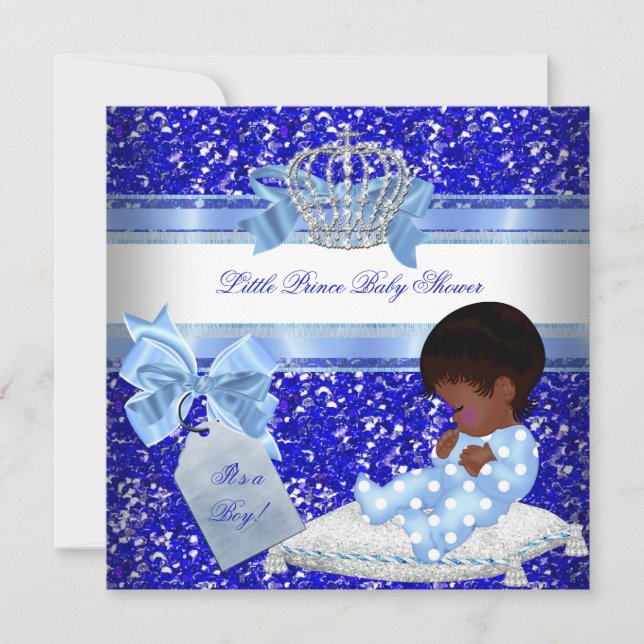 Convites Glitter Chá de fraldas Boy Blue Little Prince Ethn (Frente)