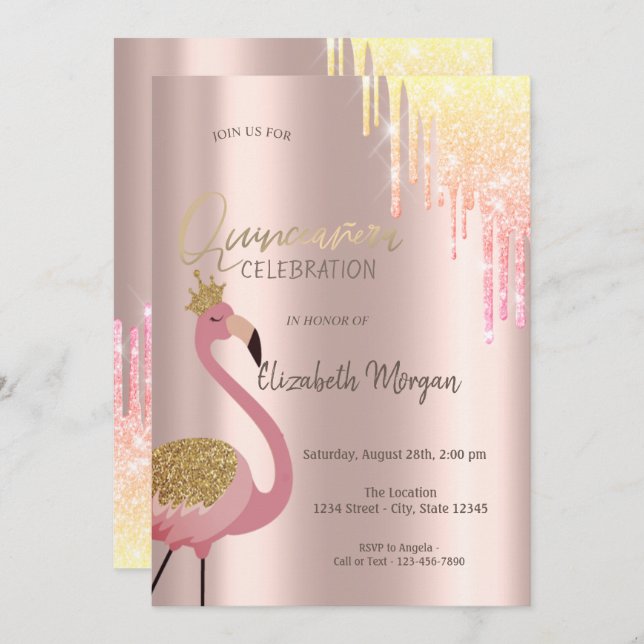 Convites Glitter Chic Coloca Flamingo Quinceañera Rosa (Frente/Verso)
