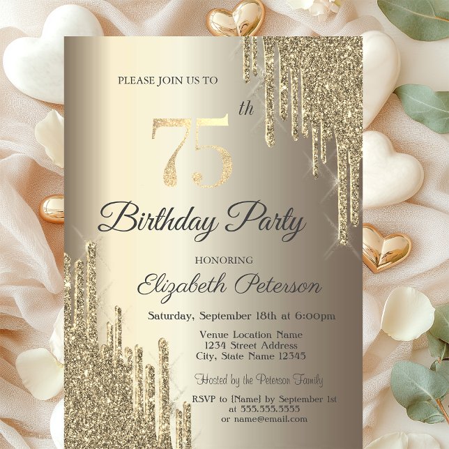 Convites Glitter Chic Drips Champagne 75. º Aniversário (Criador carregado)