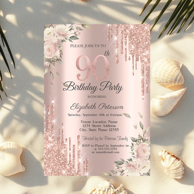 Convites Glitter Chic, Flores, 90 de Rosa Dourado Aniversár (Criador carregado)