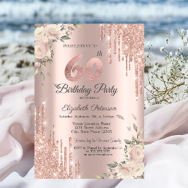Convites Glitter Chic, Flores Rosa Dourado 60º aniversário
