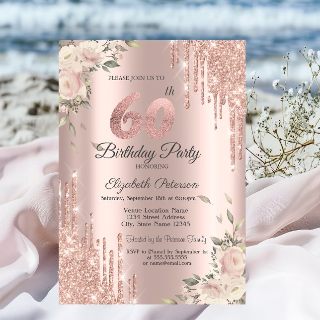 Convites Glitter Chic, Flores Rosa Dourado 60º aniversário (Criador carregado)