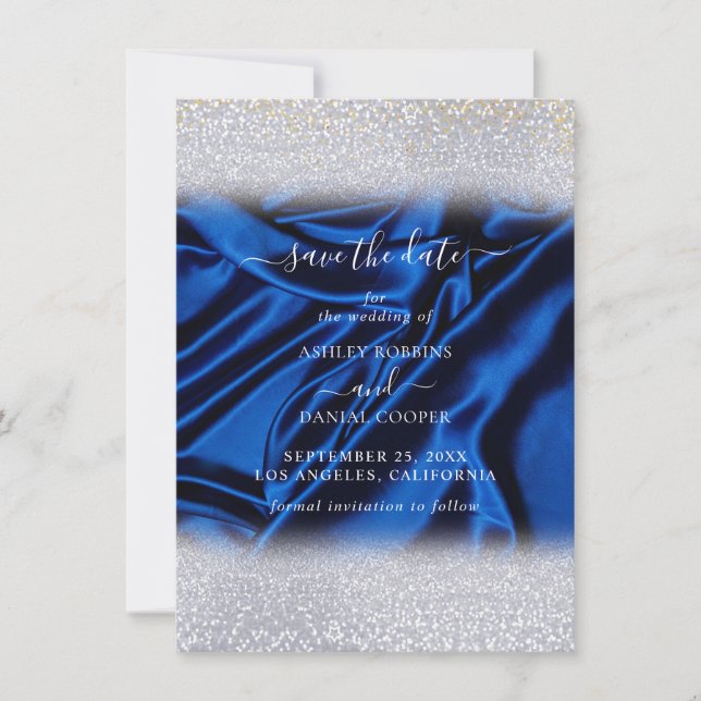 Convites Glitter Chic Royal Blue Salve a data (Frente)