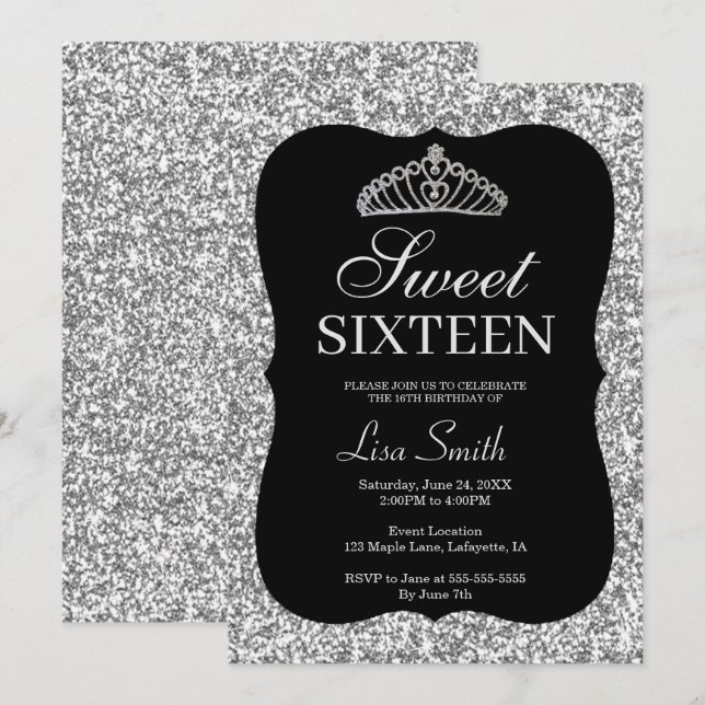 Convites Glitter Chic Silver Elegante Tiara Sweet 16 (Frente/Verso)