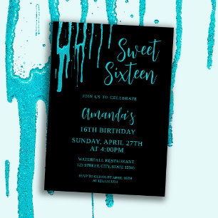 Convites Glitter Chic Teal Drips Doce 16 Aniversário