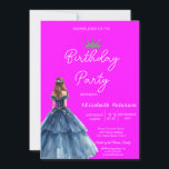 Convites Glitter Chic Tiara Blue Vress Neon Pink Aniversári<br><div class="desc">Tara cintilante,  e garota vestida no convite de aniversário de fundo rosa neon. Divirta-se na sua festa de aniversário com este convite elegante. Convide seus convidados para levantar um copo e se unir à diversão com estes convites festivos.</div>