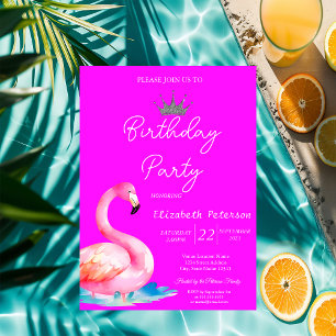 Convites Glitter Chic Tiara Flamingos Neon Pink Aniversário