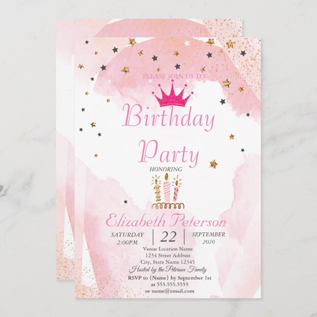 Convites Glitter Chic Tiara,Velas, Festa de aniversário Sta (Frente/Verso)