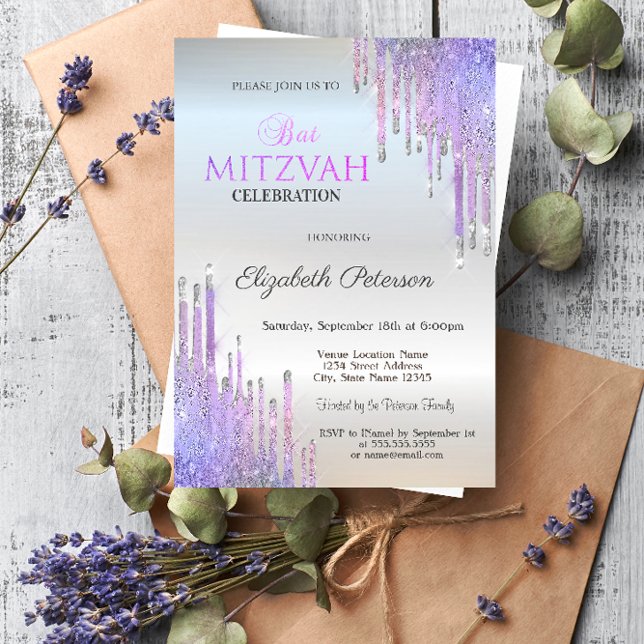 Convites Glitter Chic Violet Drives Silver Bat Mitzvah (Criador carregado)