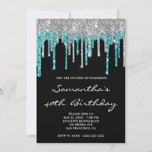 Convites Glitter Ciano Silver Esparso Coloca Aniversário P