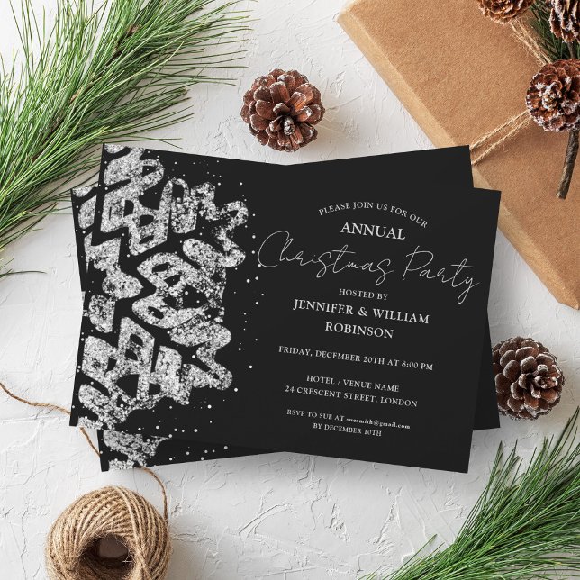 Convites Glitter Clássico Xmas Snowflake Black (Classy Silver Glitter Xmas Snowflake Holiday Black Invitation)