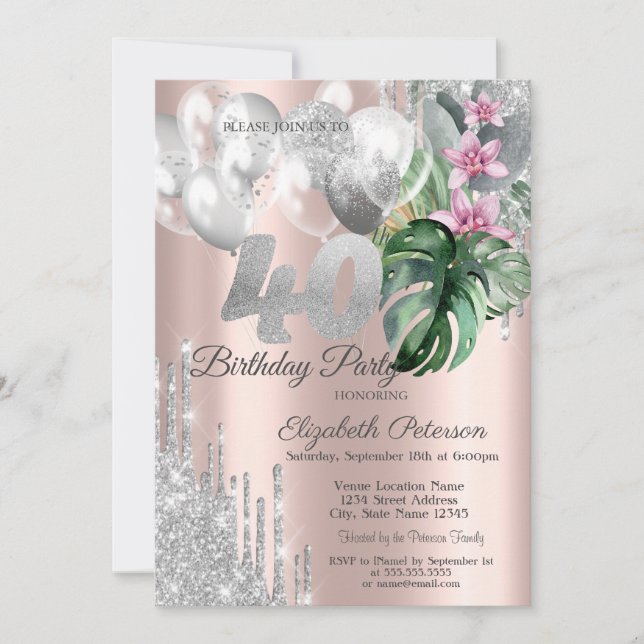 Convites Glitter Coloca Balões Flores Tropicais 40º (Frente)