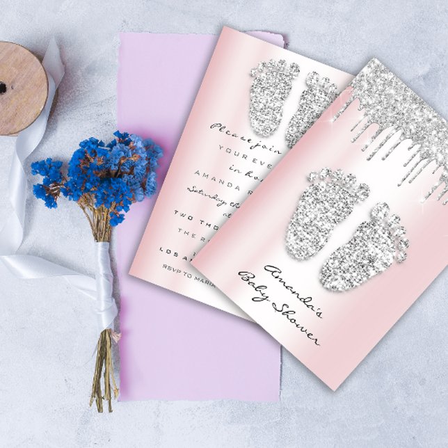Convites Glitter Coloca Cinza Rosa Pidente Chá Garota (Glitter Drips Pink Gray Baby Girl Shower Feet Invitation)