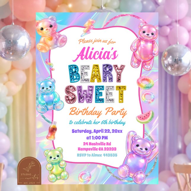 Convites Glitter Colorido Arco-Íris Beary Doce Aniversário (Criador carregado)