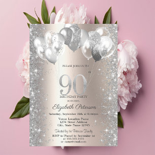 Convites Glitter Confetti Balões Champagne 90 Aniversário
