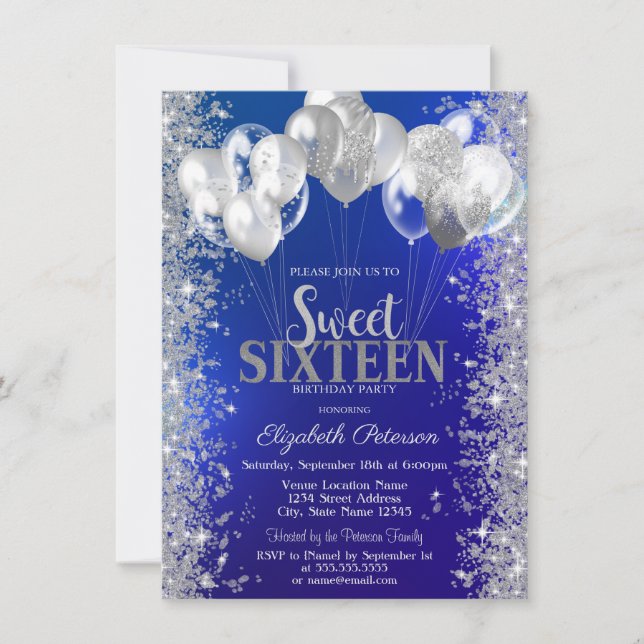 Convites Glitter Confetti Balões Marinho Azul Sweet 16 (Frente)
