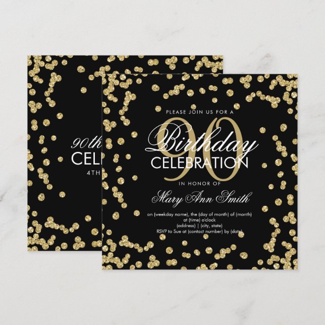 Convites Glitter Confetti de Boia-90 de-Aniversário Dourado (Frente/Verso)