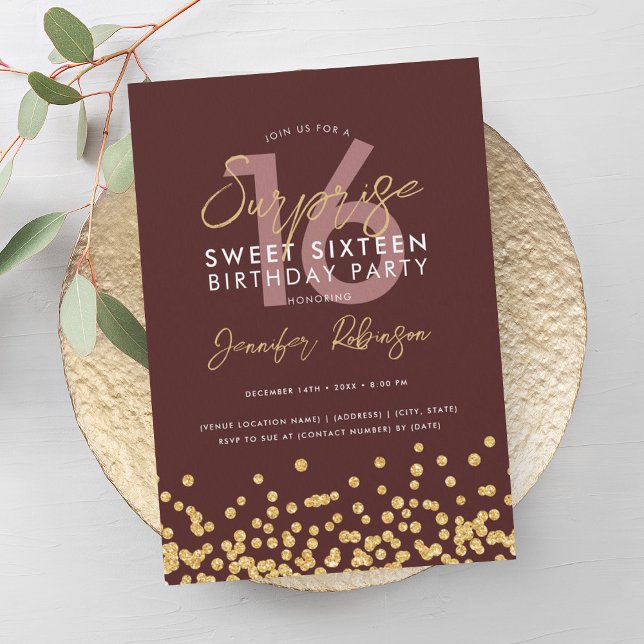 Convites Glitter Confetti Dourado Burgundy Sweet 16 (Burgundy Gold Glitter Confetti Surprise Sweet 16 Invitation)