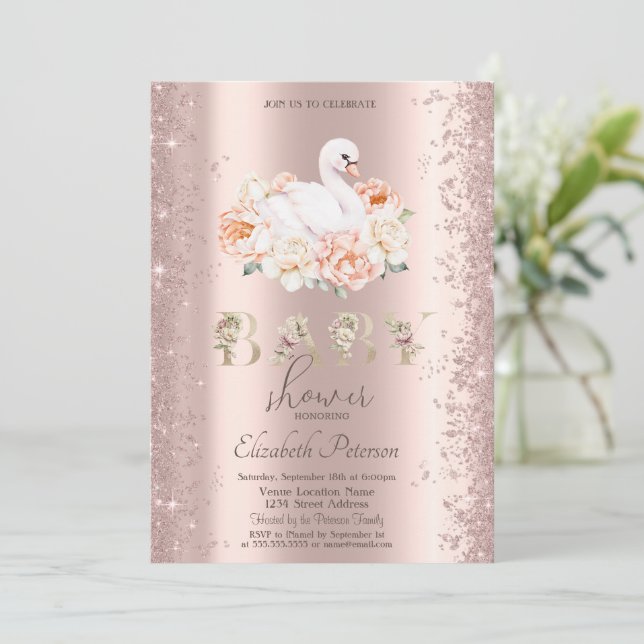 Convites Glitter Confetti Floral Swan Chá de fraldas (Em pé/Frente)