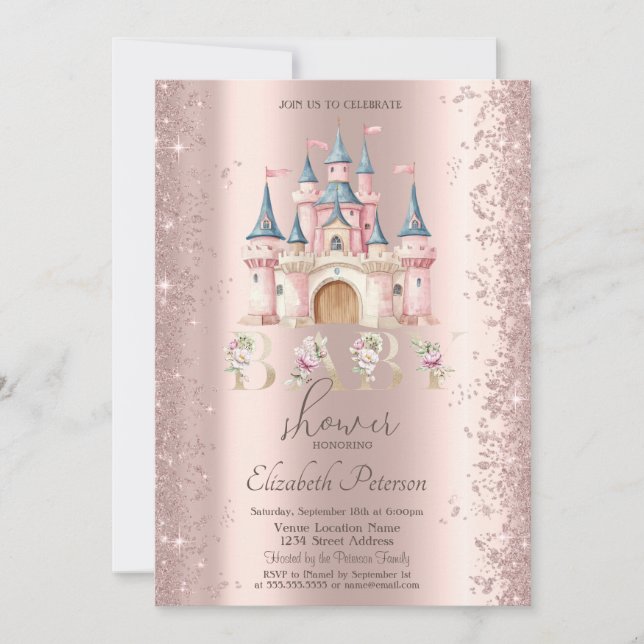 Convites Glitter Confetti Frame Chic Castle Baby Shower (Frente)
