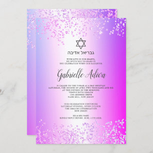 Convites Glitter cor-de-rosa confetti hebrel nome Bat Mitzv