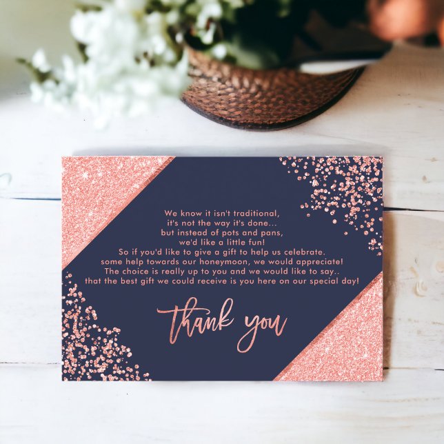 Convites Glitter coral confetti marinho obrigado de casamen (Coral glitter confetti navy blue wedding thank you invitation)