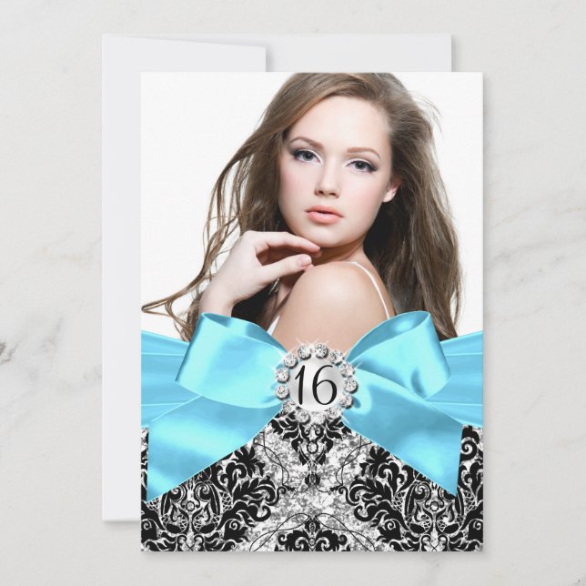 Convites Glitter Damask & Blue Arco Sweet 16 Photo Invite (Frente)