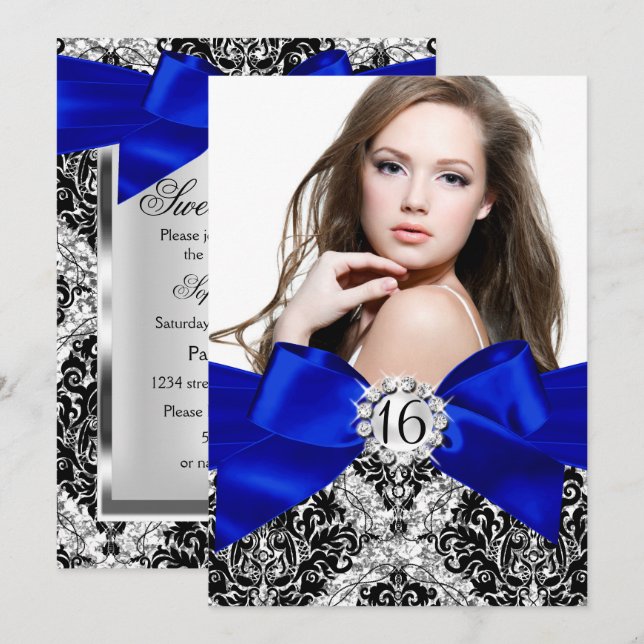 Convites Glitter Damask & Royal Blue Arco Sweet 16 Photo (Frente/Verso)