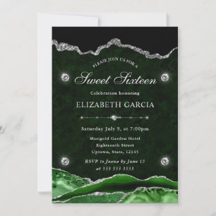 Convites Glitter de Ágata Verde e Prata para Sweet Sixteen