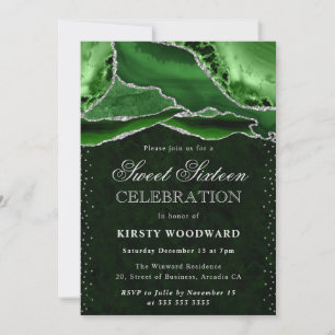 Convites Glitter de Ágata Verde e Prata Sweet Sixteen