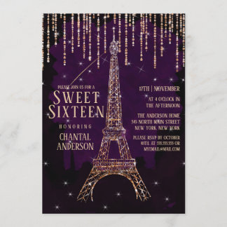 Convites Glitter de Aquarela Paris Torre Eiffel Sweet 16