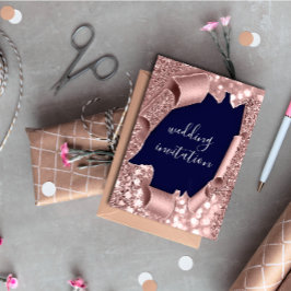 Convites Glitter de Casamento Dourado do Rosa 3D Marinho Az