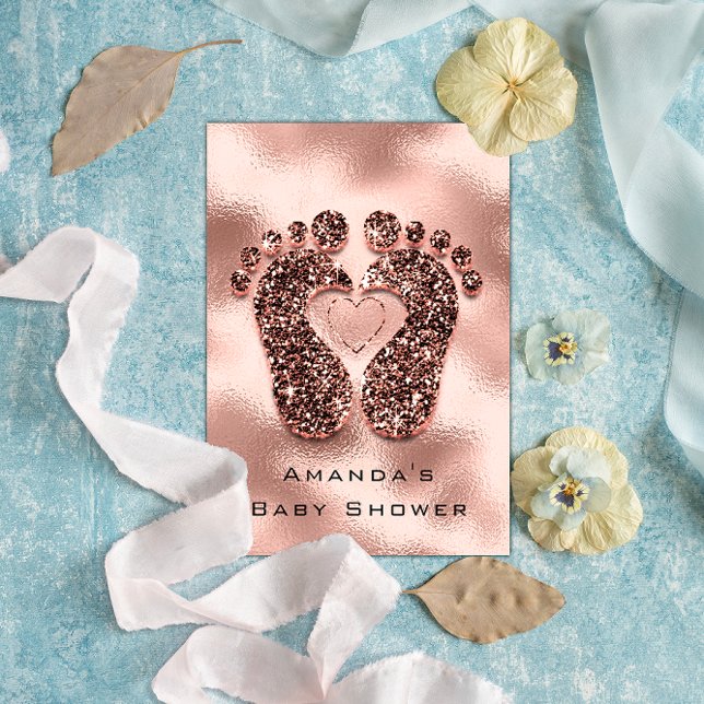 Convites Glitter de Chá de fraldas de brilho de Rosa de pin (Baby Shower New Girl Boy Feet Glam Rose Blush3D Invitation)