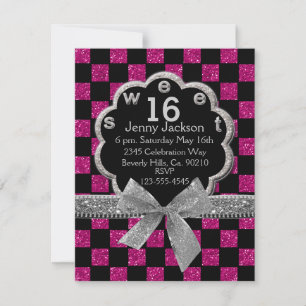 Convites Glitter de Checkerboard Rosa e Preto 16
