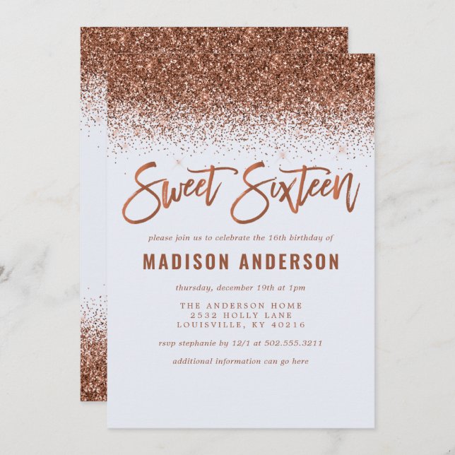 Convites Glitter de Cobre Moderno Doce 16 Festas de anivers (Frente/Verso)