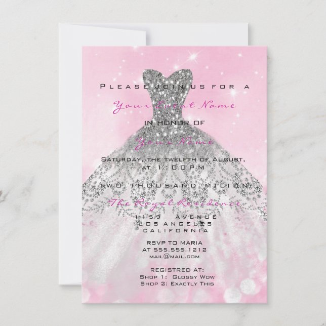 Convites Glitter de Colírio Rosa 16ª Cinza de Brida Prata (Frente)
