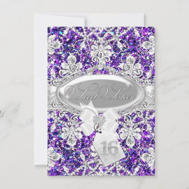 Convites Glitter de Diamante Roxo Princesa Sweet 16 Convide (Frente)