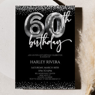 Convites Glitter de Disco Silver 60ª Festa de aniversário