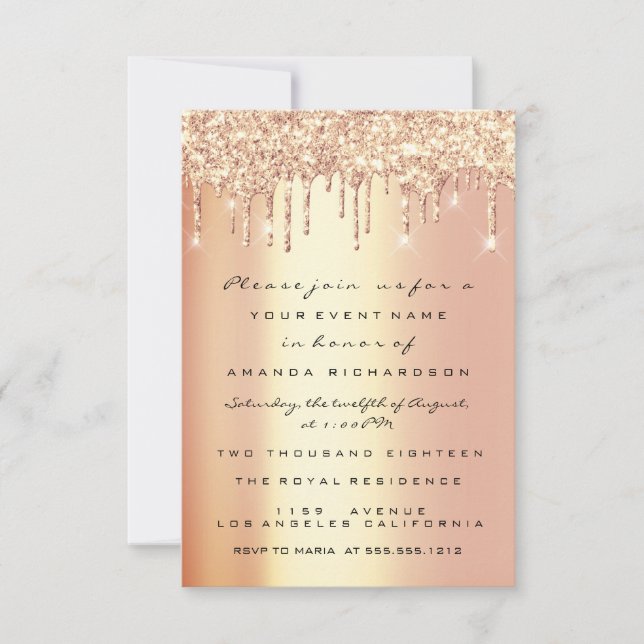 Convites Glitter de faísca Glitter Coral Dourado Bridal 16º (Frente)