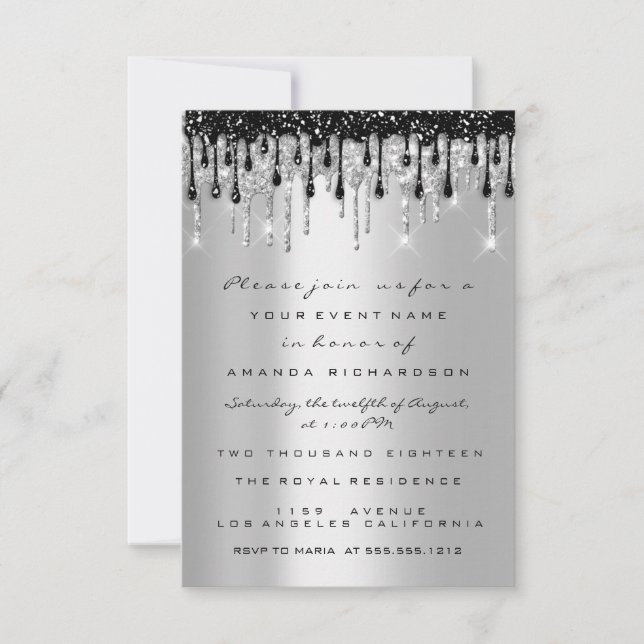 Convites Glitter de faísca prata preta pinga doce 16º (Frente)