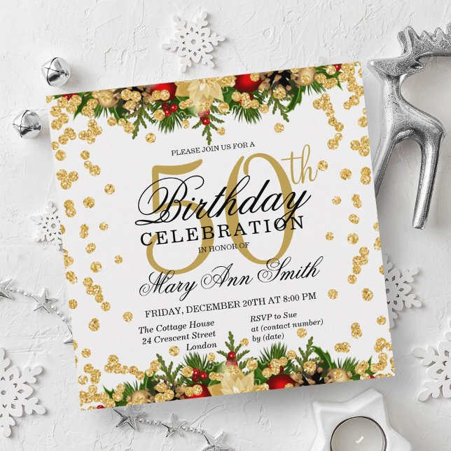 Convites Glitter de férias Dourado e vermelho Glam 50º aniv (Gold & Red Holiday Glitter Glam 50th Birthday Invitation)
