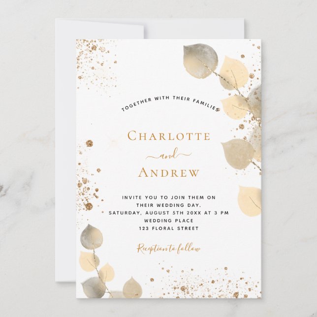Convites Glitter de folhagem de ouro de eucalipto de casame (Frente)