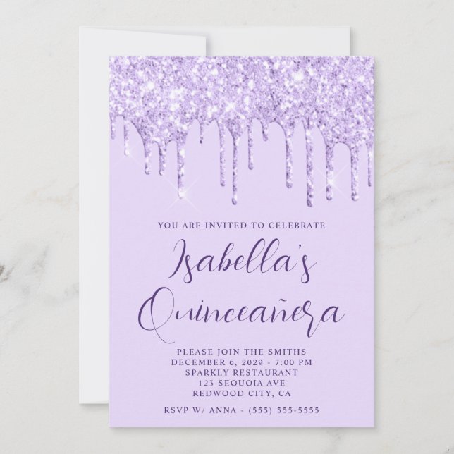 Convites Glitter De Lavanda Leve Quinceañera (Frente)