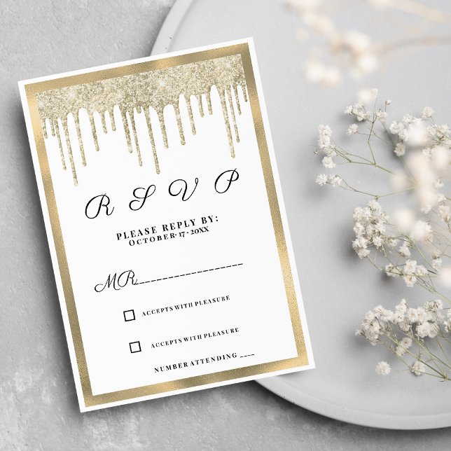 Convites Glitter de ouro branco de luxo goteja RSVP (Luxury white gold glitter drips RSVP )